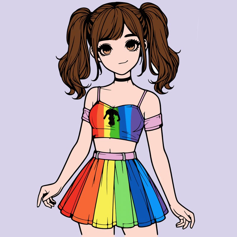 realistic girl in a skirt crop top and pigtails