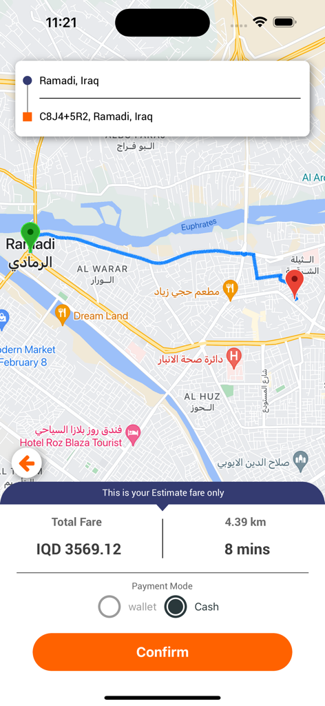 Besun - بيسان - Ein mobiler App-Bildschirm, der eine Routenkarte für Ride-Hailing in Ramadi, Irak, mit geschätztem Fahrpreis und einer Bestätigungsschaltfläche anzeigt.