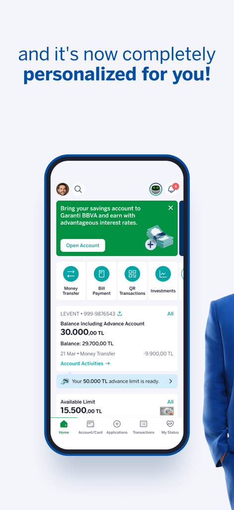 Garanti BBVA Mobile - Panel de control bancario personalizado de la aplicación Garanti BBVA Móvil que muestra el saldo de la cuenta y opciones de transacciones rápidas