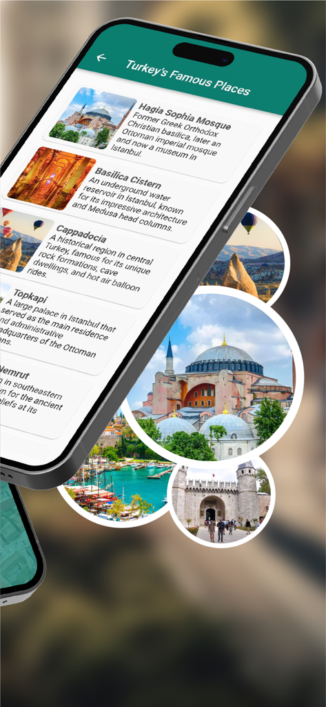 Live Satellite View & Maps - Oberfläche der Live Satellitenansicht und Karten-App, die eine Liste berühmter historischer Orte in der Türkei mit Beschreibungen und Fotos anzeigt