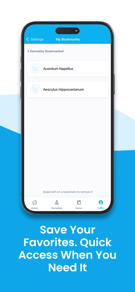 Interfaz de la aplicación HomeoMate que muestra remedios homeopáticos guardados bajo Mis Marcadores