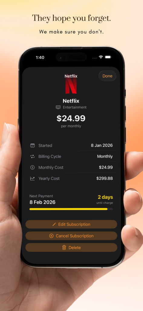 Subcut: Subscription Tracker - Smartphone displaying Netflix subscription details and next billing date in the Subcut app