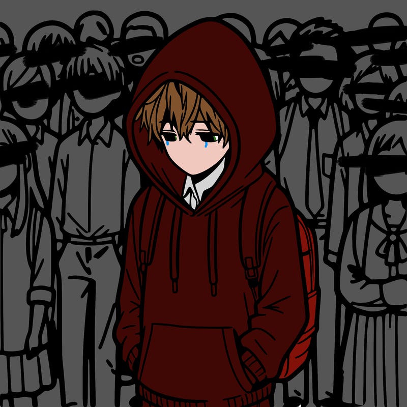 a manga boy with hood down walking through a crowd sad