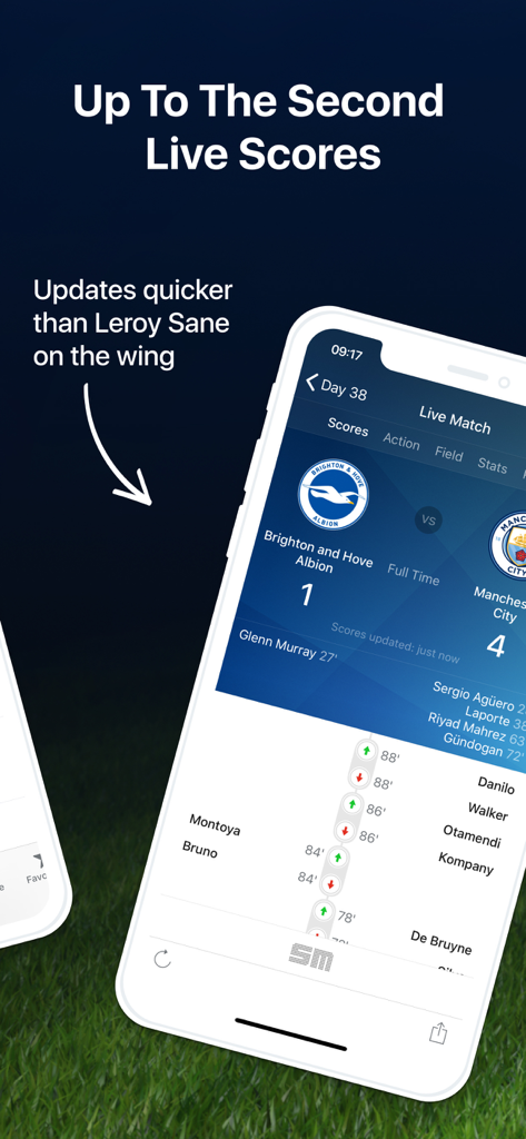 EPL Live: Football Scores - EPL 라이브 앱 스크린샷으로 브라이튼 대 맨체스터 시티 경기의 실시간 점수를 보여줍니다.