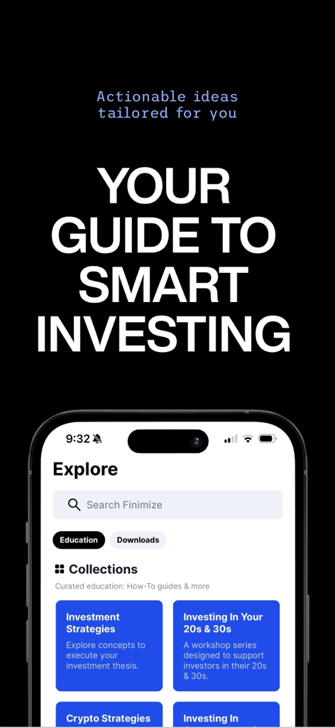 Interface de l'application Finimize affichant des stratégies d'investissement et des guides éducatifs pour les investisseurs modernes