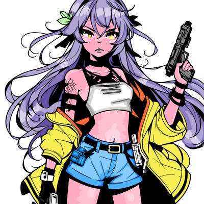 bad girl wearing crop top holding a gun long hair anime