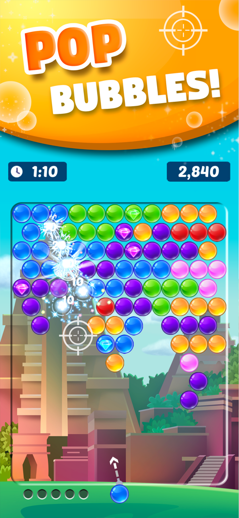 A game of Bubble Shooter Arena showing colorful bubbles and a timer