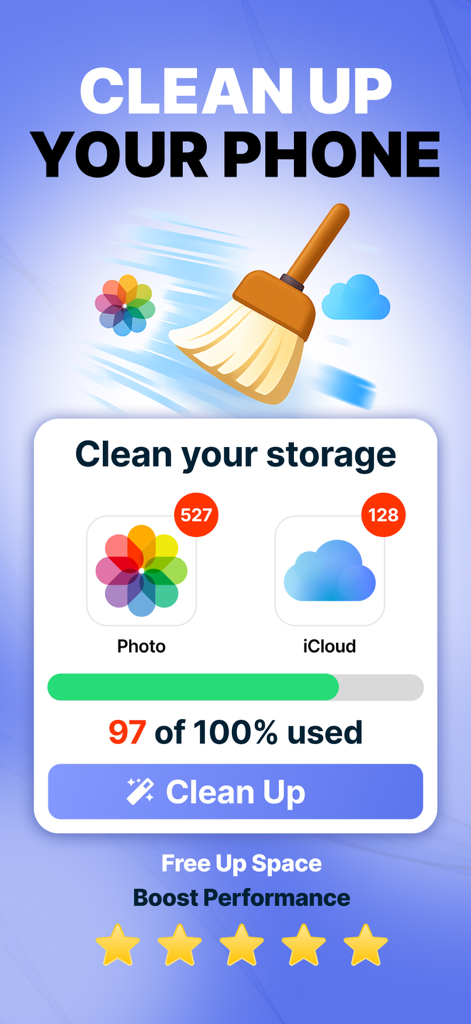 AI 클리너 앱 인터페이스가 97% 저장 공간 사용 중임을 보여주고 사진 및 iCloud 정리 옵션을 제공합니다.