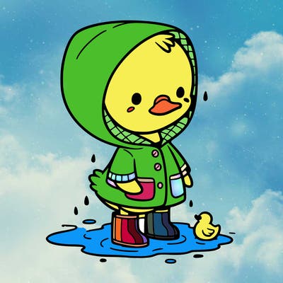 baby duck in a rain coat and boots, in a puddle while it’s raining