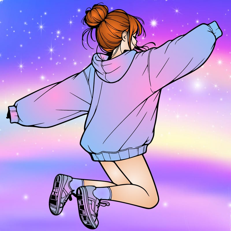 realistic girl jumping with a bun and oversized sweatshirt