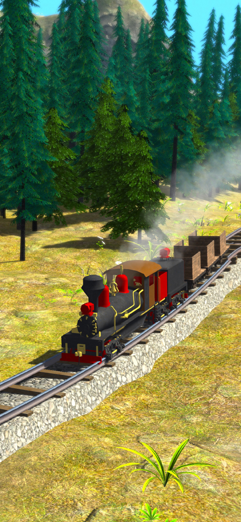 A vintage steam locomotive on tracks in a pine forest environment