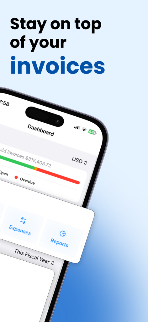 Dashboard der mobilen App, das eine Zusammenfassung der Rechnungsverfolgung und Finanzberichte anzeigt.