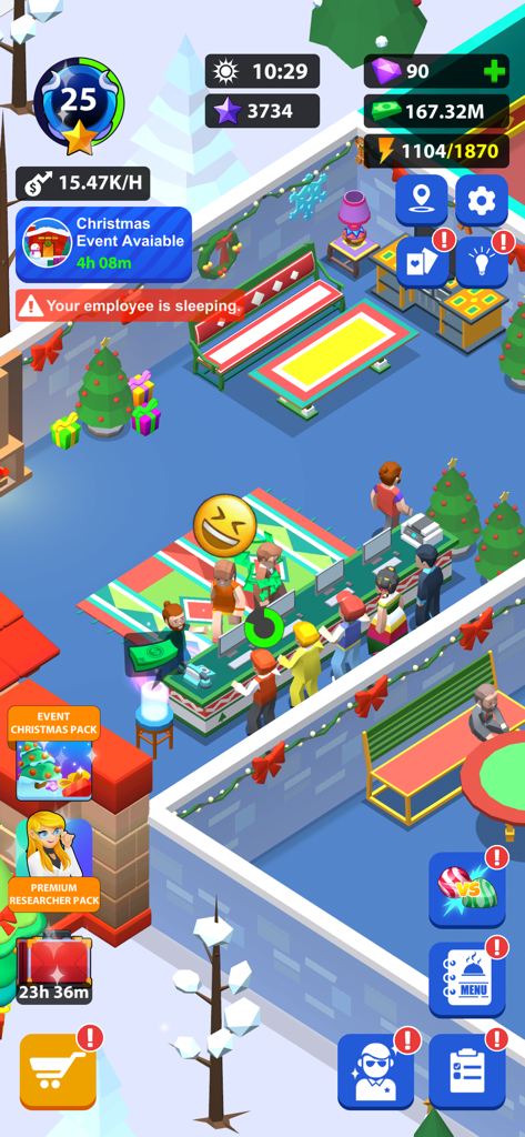 Dream Restaurant - Idle Tycoon - Gameplay screenshot of Dream Restaurant Idle Tycoon showing a winter themed restaurant management scene