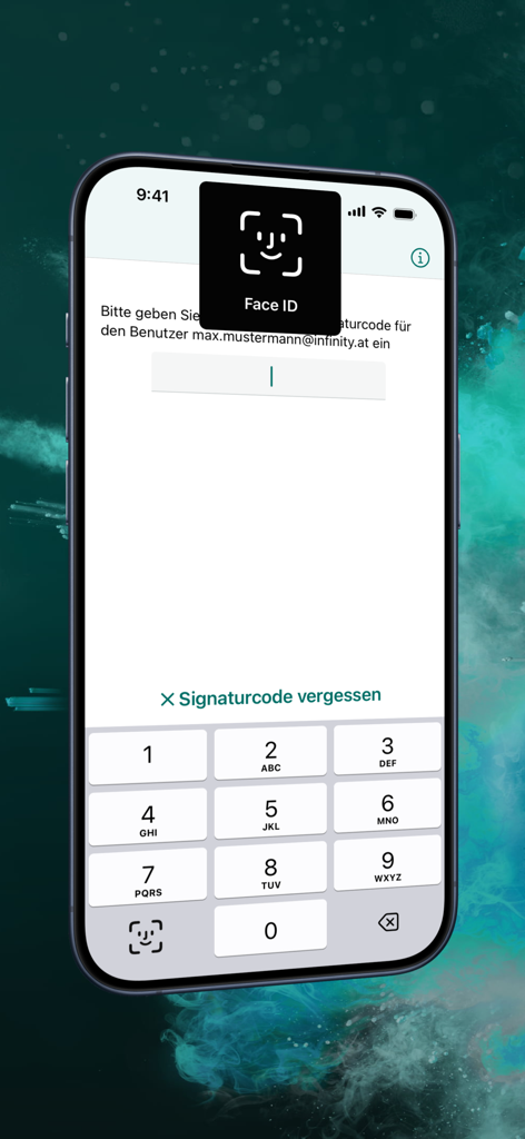 Raiffeisen INFINITY Signatur app interface showing Face ID biometric authentication over a numeric keypad for banking security.