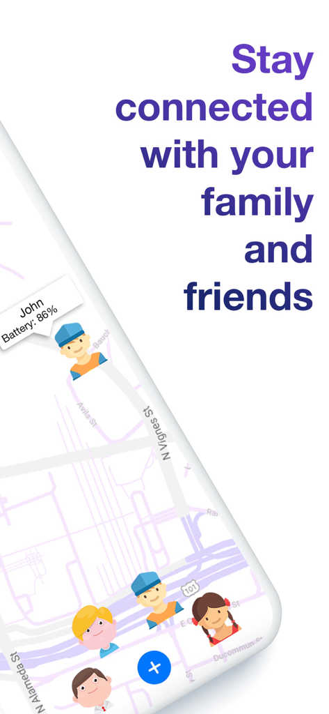 Find Family & Friends Locator - Um mapa mostrando localizações de membros da família com status de bateria e avatares.