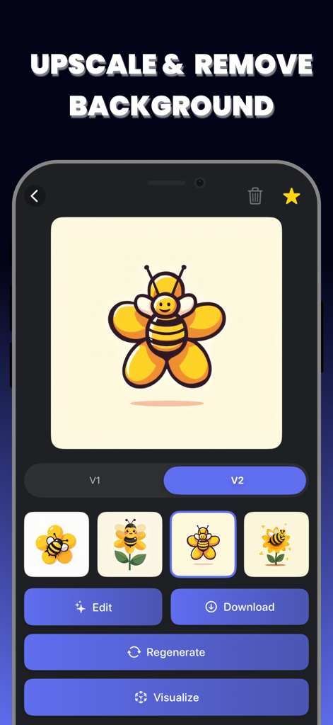 Logo Maker AI - Brandly - Interface of Brandly AI logo maker showing a bee logo with options to upscale and remove background