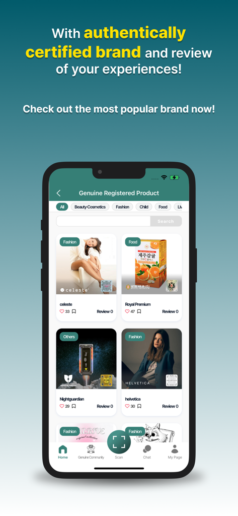 HiddenTag Global - HiddenTag Global 앱 인터페이스에 카테고리별 정품 및 인증 제품 목록 표시