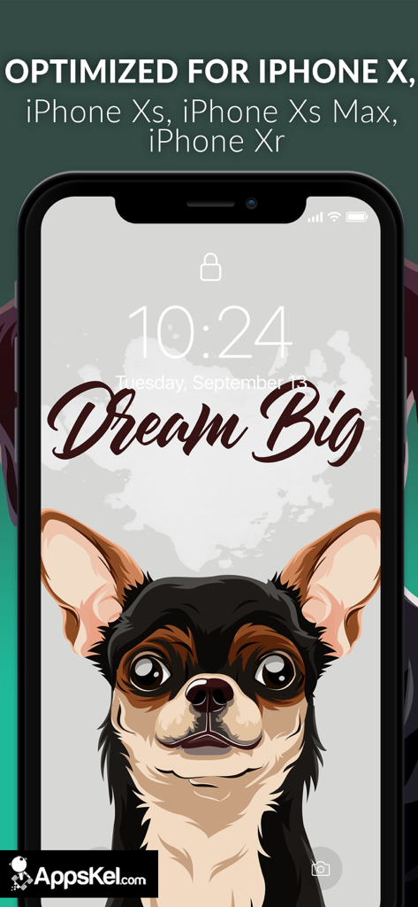 'Dream Big' 문구가 있는 iPhone 잠금 화면의 일러스트 치와와 강아지 배경화면