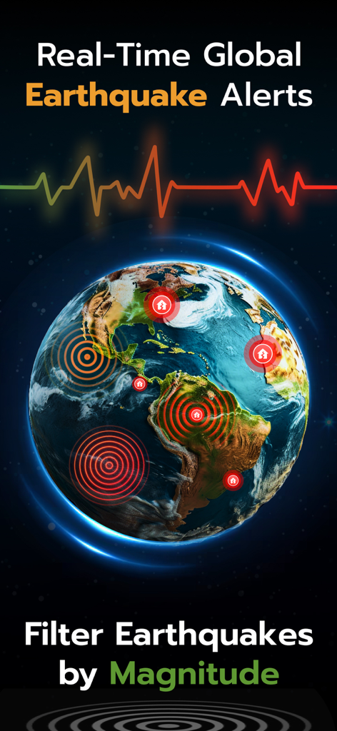 Track Earthquake: Map & Alerts - Un globo terráqueo 3D que muestra alertas de terremotos globales en tiempo real con indicadores de ondas sísmicas rojas
