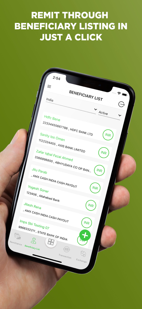 Modern Exchange - Oman - Modern Exchange Oman app beneficiary list screen on a smartphone