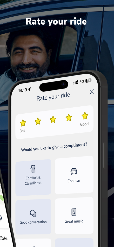 TAXA 4x35 - Easy taxi booking - TAXA 4x35 app interface showing the rate your ride screen with star ratings and compliment options for the driver
