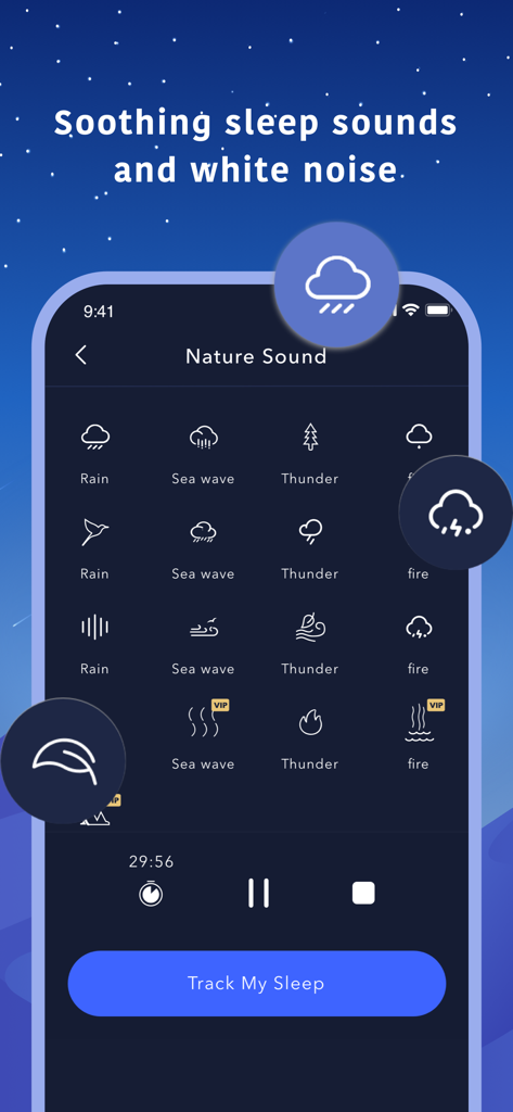 Oberfläche der Better Sleep App, die eine Bibliothek von Naturgeräuschen wie Regen und Meereswellen mit einer Schlafüberwachungstaste zeigt.