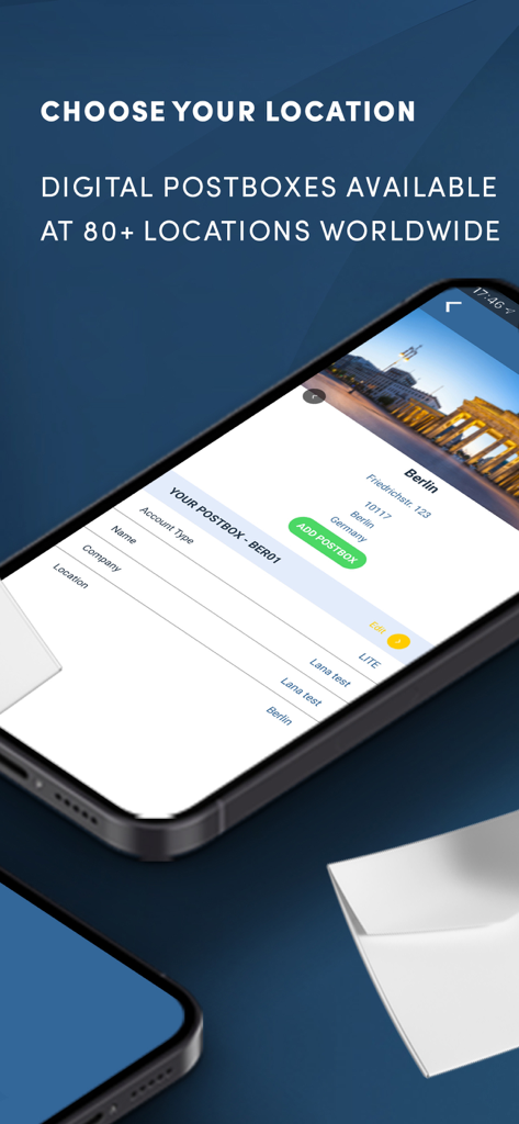 ClevverMail app screen showing digital postbox locations available at eighty plus worldwide locations