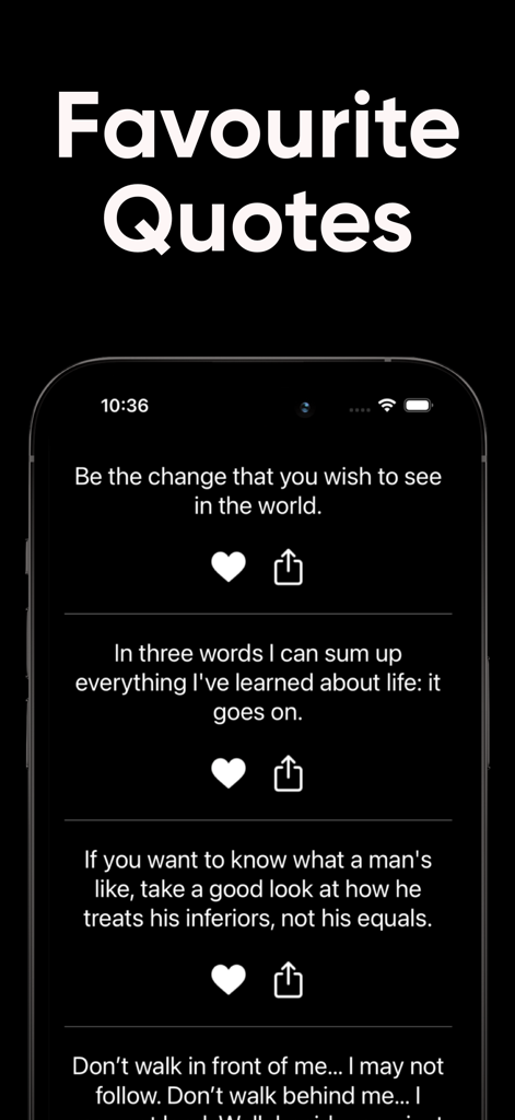 Motivational Quotes - Widget - Screenshot of the Favourite Quotes screen featuring a collection of saved inspirational quotes on a dark background.