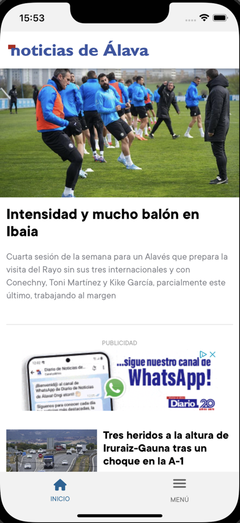 Home screen of the Diario de Noticias de Alava app featuring local sports and news headlines