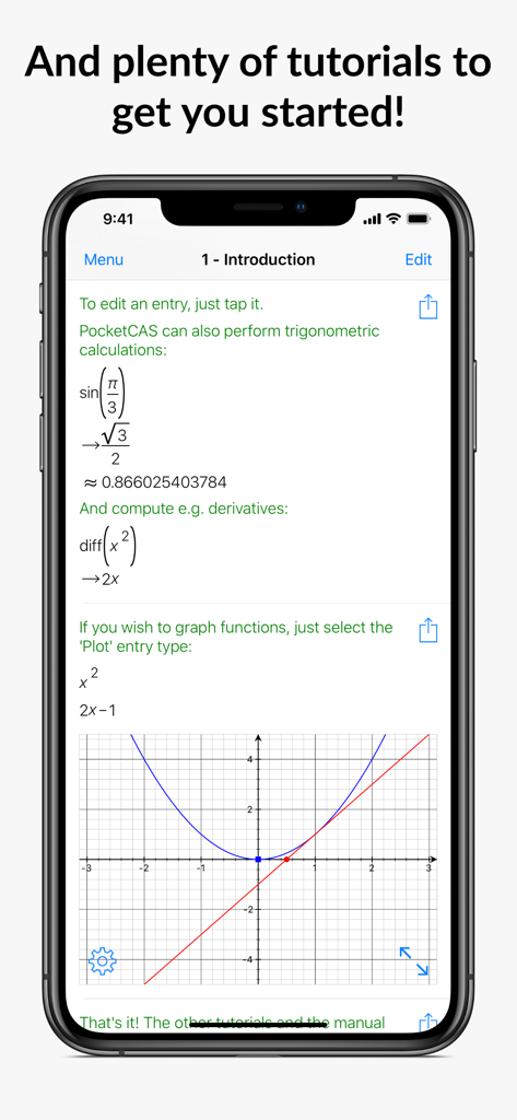 Mathematics with PocketCAS Pro - PocketCAS Pro app interface displaying a math tutorial with derivatives and a 2D function graph