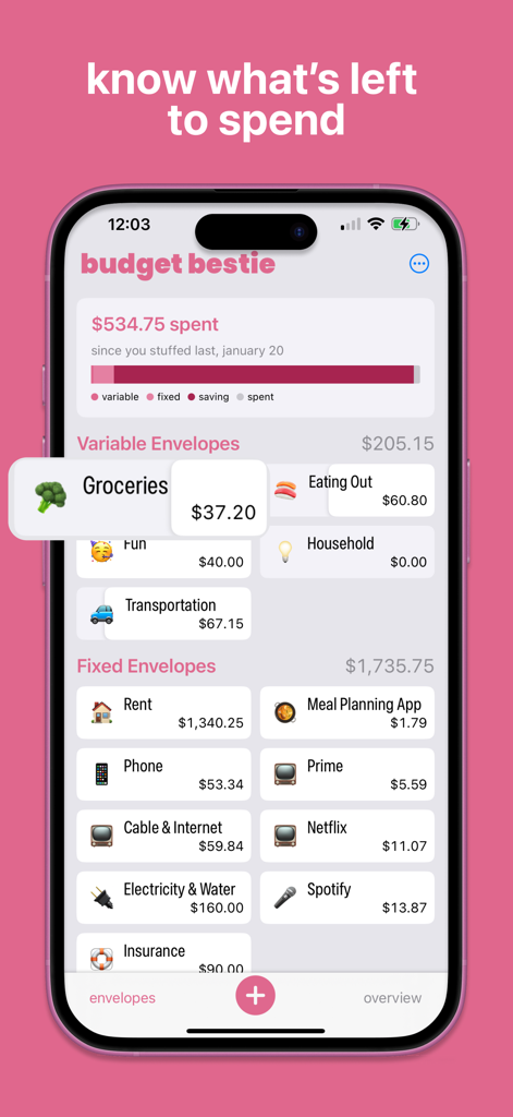 Budget Bestie 앱의 인터페이스에 식료품, 임대료 및 구독을 위한 디지털 지출 봉투가 표시됨