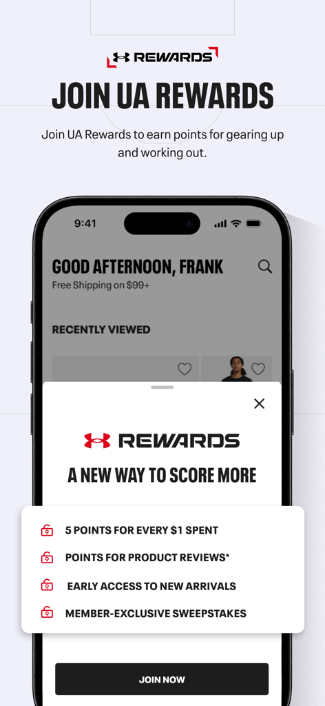 UA Rewards loyalty program benefits screen in the Under Armour app showing points and early access perks.