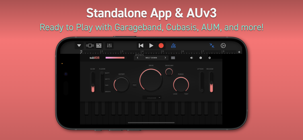 Sub808 App Oberfläche, die Synthesizer-Regler und AUv3-Kompatibilität mit GarageBand auf dem iPhone zeigt.