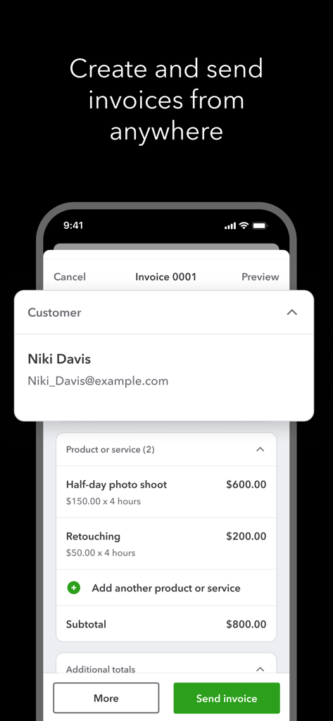 Intuit QuickBooks for Business - Tela do aplicativo móvel QuickBooks mostrando a criação e o envio de uma fatura de serviço profissional.