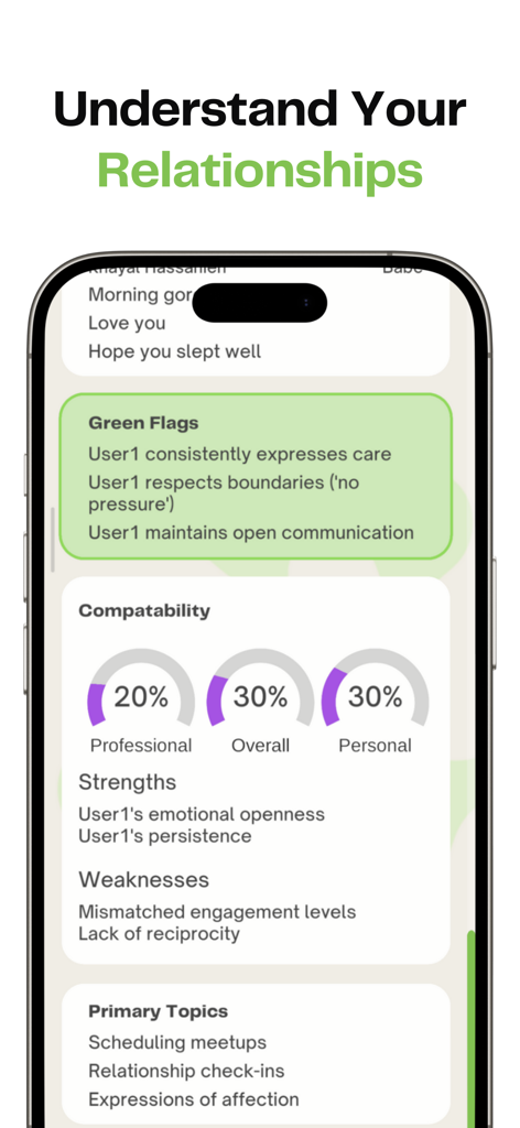 Tela de análise de relacionamento por IA do GeckoChat com pontuações de compatibilidade e bandeiras verdes