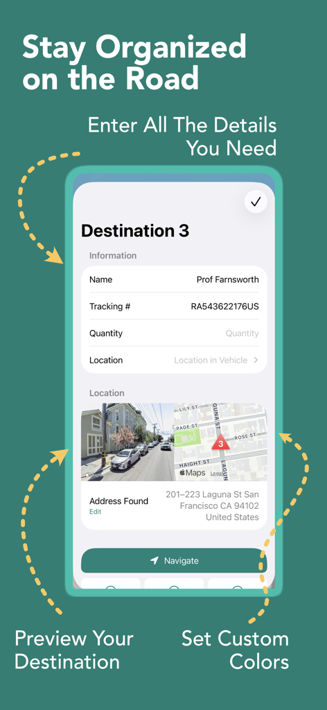 Droppath Route Planner - Interfaz de Droppath Route Planner mostrando detalles del destino de entrega con número de seguimiento y vista previa del mapa