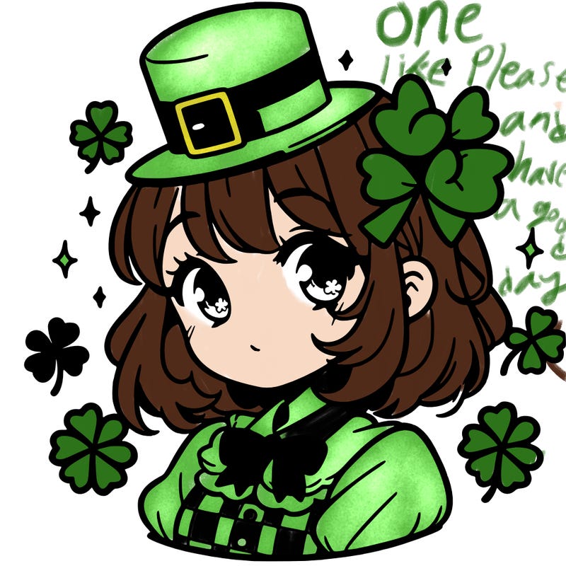 a manga-style girl with clovers around her, a little hat in her hair, like it's saint patrick's day