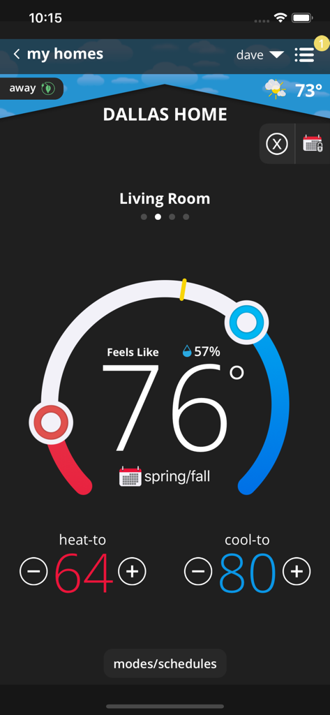 Lennox iComfort T-Stat app interface showing the feels like temperature and climate settings