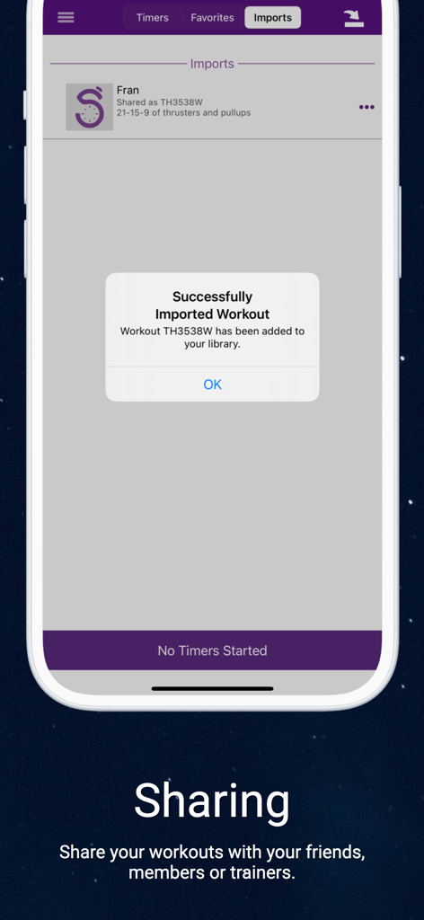 GymNext Flex Timer - Confirmation message for a successfully imported workout in the GymNext Flex Timer app