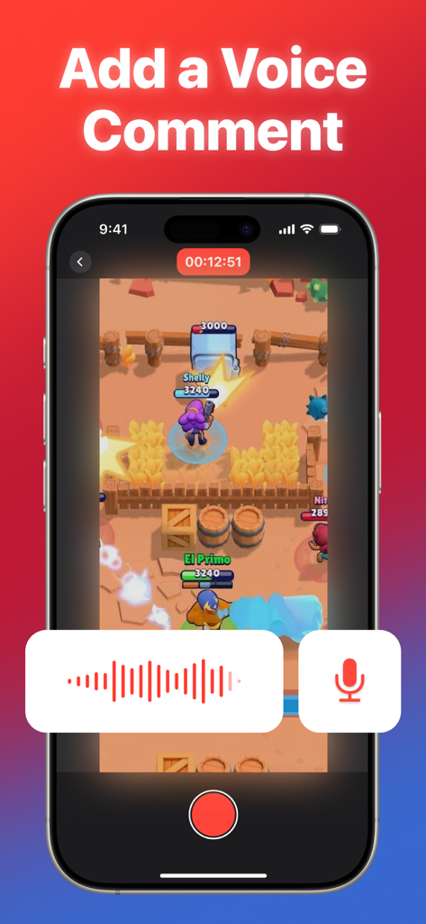 A screen recording of mobile gameplay featuring a voice comment overlay with an audio waveform and microphone icon.