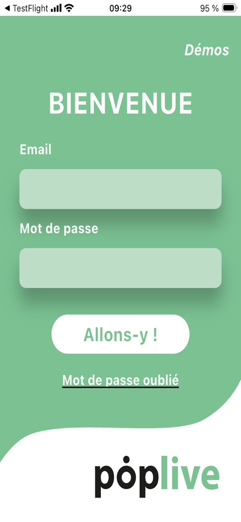 Poplive - Login page of the Poplive app with email and password input fields on a green background.