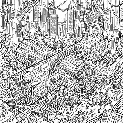 Explore a mesmerizing fusion of nature and technology with this cyberpunk fallen logs coloring page. Intricate designs of robotic organisms and glowing wires transform decaying wood into a breathtaking futuristic landscape.