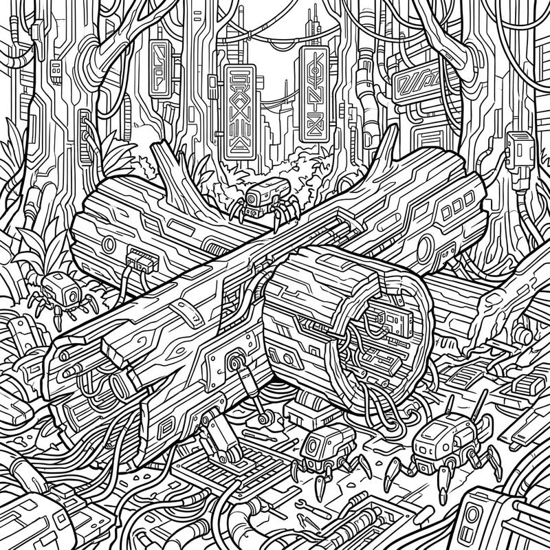 Explore a mesmerizing fusion of nature and technology with this cyberpunk fallen logs coloring page. Intricate designs of robotic organisms and glowing wires transform decaying wood into a breathtaking futuristic landscape.
