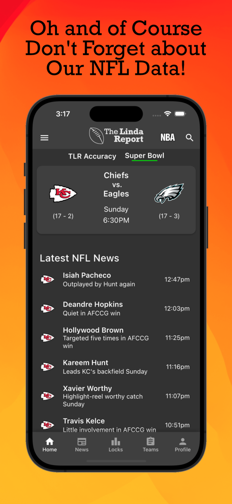 The Linda Report app interface displaying latest NFL player news and Super Bowl game data