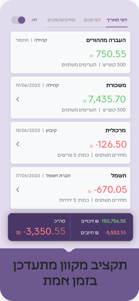 Mekome - A mobile interface from the Mekome app displaying a community debit sheet with financial transaction history and summary