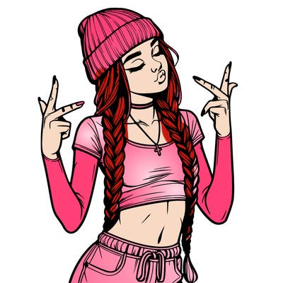realistic teenage girl with braids and a beanie and crop top doing 🫶🏼