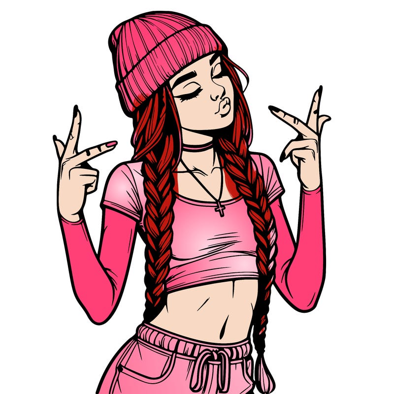 realistic teenage girl with braids and a beanie and crop top doing 🫶🏼