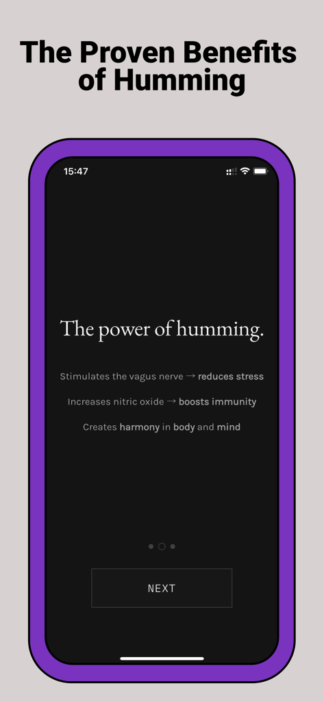 An informational screen detailing the benefits of humming such as vagus nerve stimulation and stress reduction in the Harmonic Echo app.