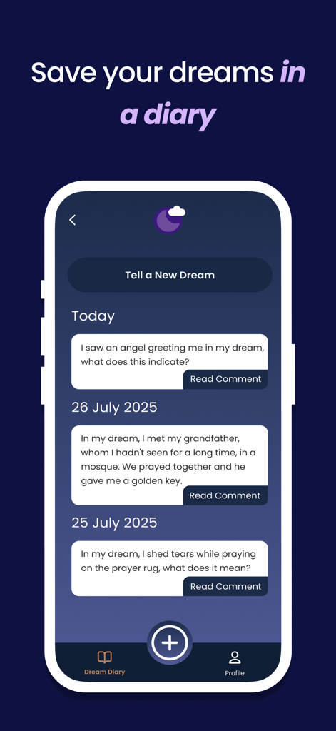 Tabeer: Islamic Dream Meaning - Screenshot of the Tabeer app displaying a personalized Islamic dream diary with recorded entries and dates.
