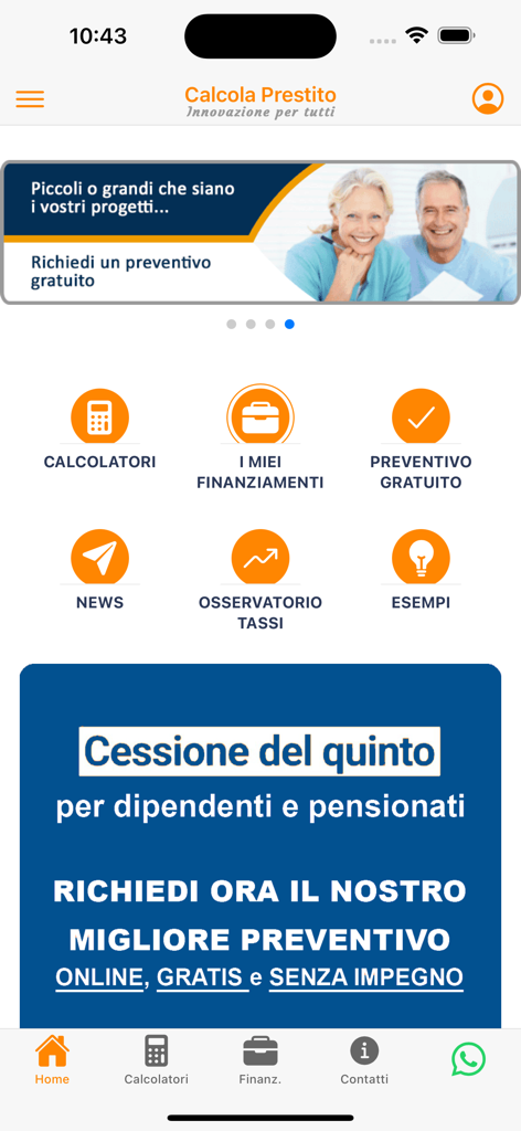 Pantalla de inicio de la aplicación Calcola Prestito con iconos de calculadora financiera y opciones de gestión de préstamos
